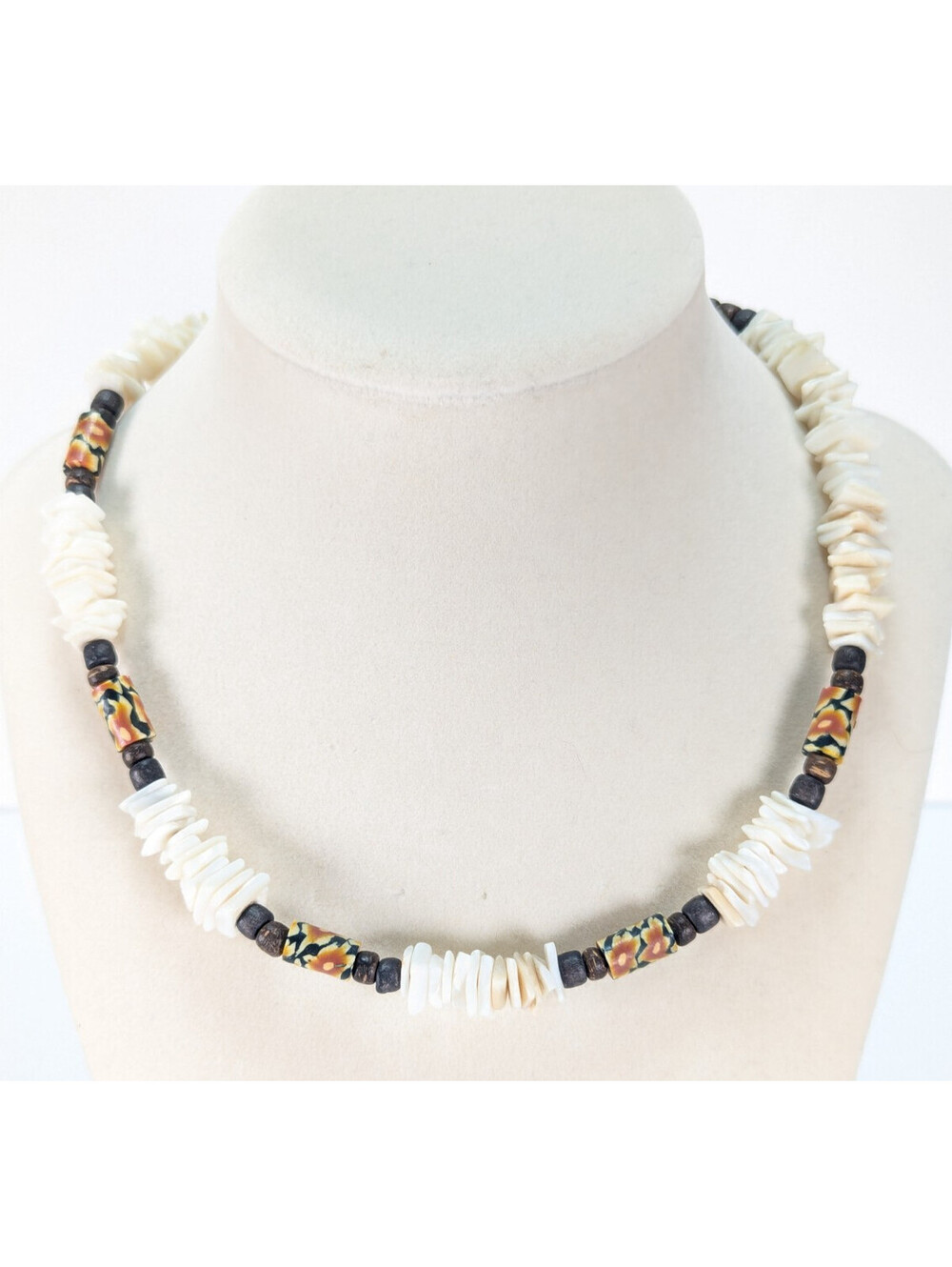 Vintage White Hawaiian 16" Chipped Puka Sea Shell & Bead Necklace Surf Beach